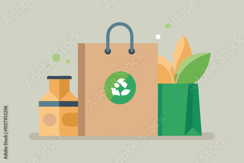 Cardboard packaging for purchases. Paper shopping bag. Eco-friendly reusable and recyclable craft bag, ecology sign vector illustration