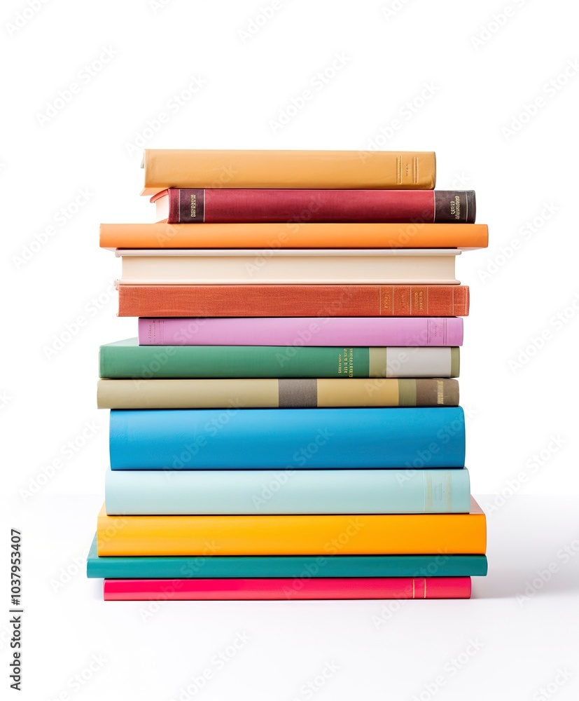 A stack of colorful hardcover books, neatly arranged, modern design, isolated on white background 