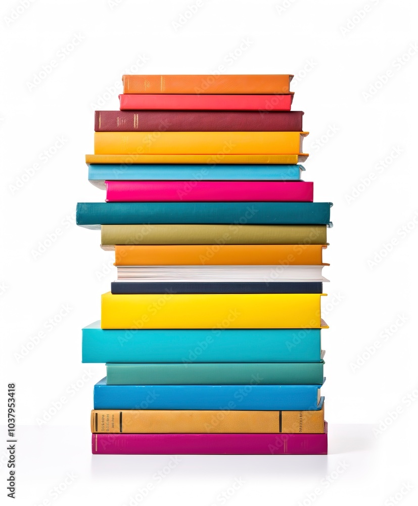 A stack of colorful hardcover books, neatly arranged, modern design, isolated on white background A stack of colorful hardcover books, neatly arranged, modern design, isolated on white background