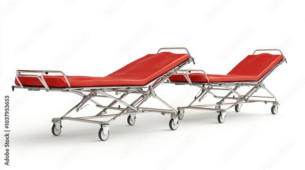 Adjustable Red Medical Stretchers with Chrome Frame on White Background. Generative AI Adjustable Red Medical Stretchers with Chrome Frame on White Background. Generative AI