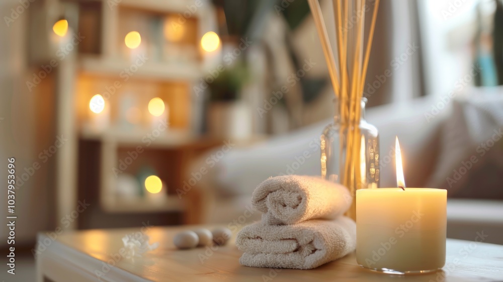 Arrangement of burning Candles and aromatic reed freshener on a table in a spa salon Arrangement of burning Candles and aromatic reed freshener on a table in a spa salon