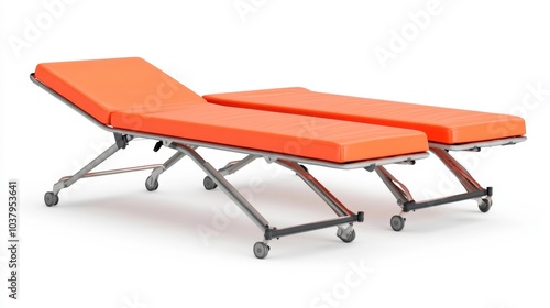 Two Modern Medical Stretchers with Orange Mattresses on a White Background. Generative AI