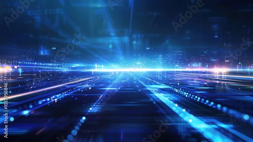 Digital Cityscape with Glowing Lines and Lights