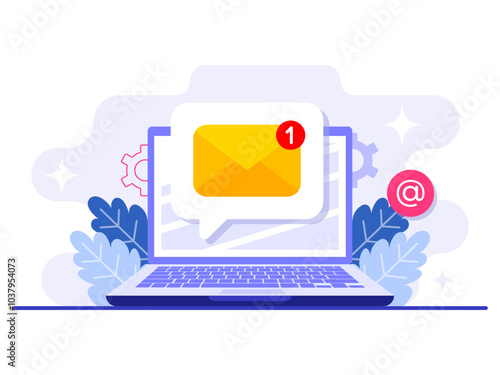 A new email message notification on laptop screen, Email marketing flat illustration, Online business strategy, Advertising, Email newsletter, messaging, Marketing material concept