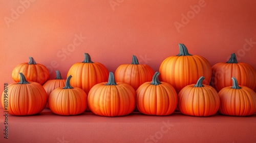 Orange Pumpkins Arranged Against a Coral Background Autumn Still Life. Generative AI