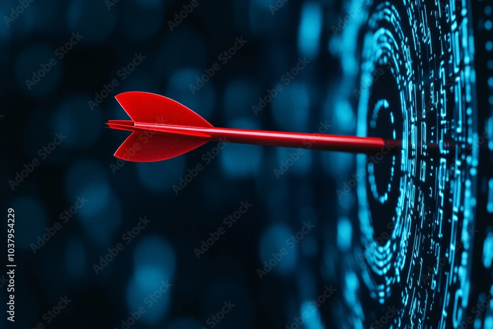 Sharp Arrow Hitting Bullseye on High-Tech Screen, Representing Clarity in Business Goals and Determination Sharp Arrow Hitting Bullseye on High-Tech Screen, Representing Clarity in Business Goals and Determination