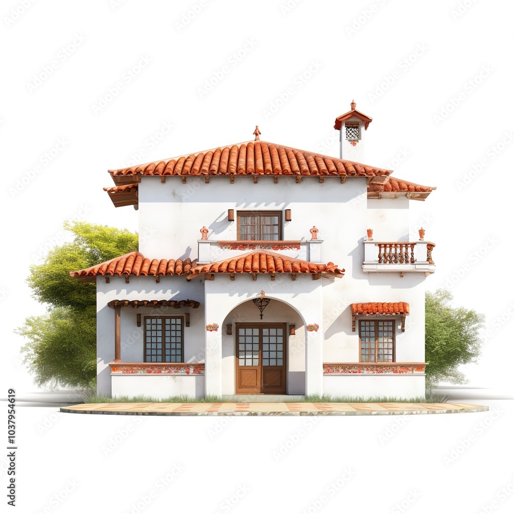 A Mediterranean villa, white stucco, terracotta roof tiles, isolated on white background  