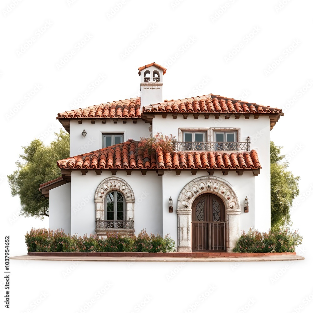 A Mediterranean villa, white stucco, terracotta roof tiles, isolated on white background A Mediterranean villa, white stucco, terracotta roof tiles, isolated on white background