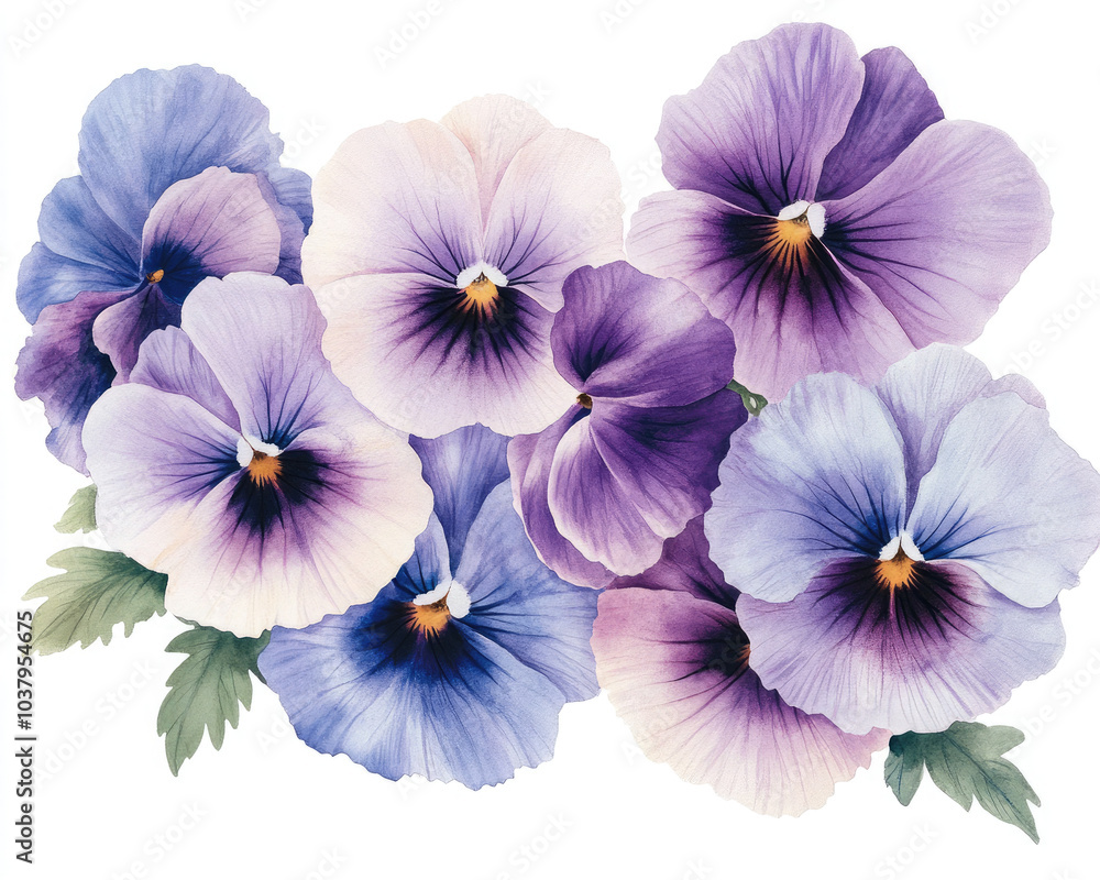 A vibrant display of beautiful pansy flowers in various shades of purple, perfect for floral designs and artistic projects.