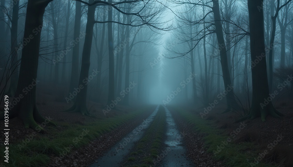 Dismal forest path bathed in fog and darkness where every step seems to get heavier as the unseen creatures of the woods watch silently. Dismal forest path bathed in fog and darkness where every step seems to get heavier as the unseen creatures of the woods watch silently.