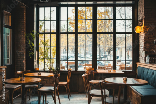 Cozy restaurant featuring rustic wooden furniture, creating a warm and inviting ambiance for diners to enjoy their meals together.