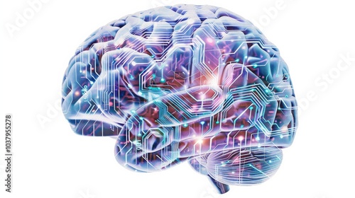 a human brain entwined with circuitry, symbolizing the fusion of technology and cognition in modern society photo