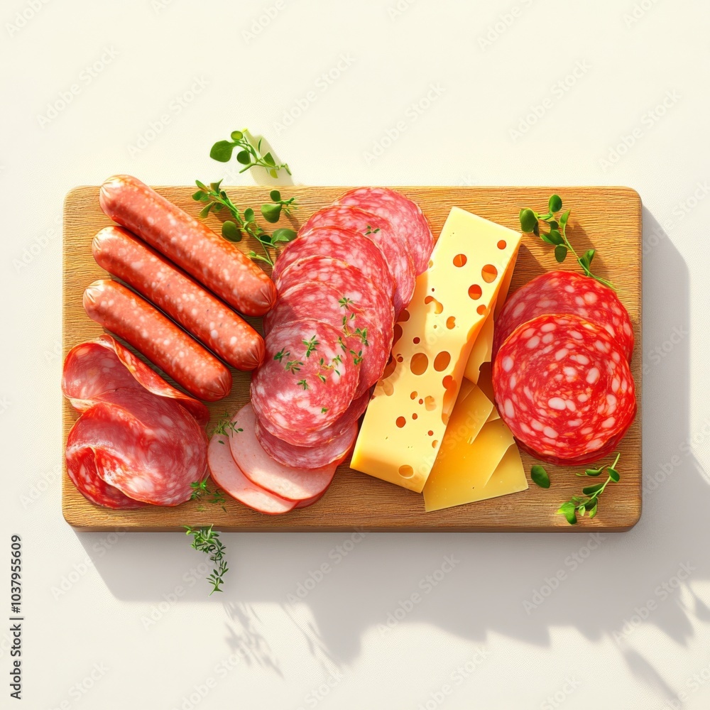 ham sliced salami thinly sliced cheese hot dog sausages on light wooden board sprigs of green herbs ham sliced salami thinly sliced cheese hot dog sausages on light wooden board sprigs of green herbs
