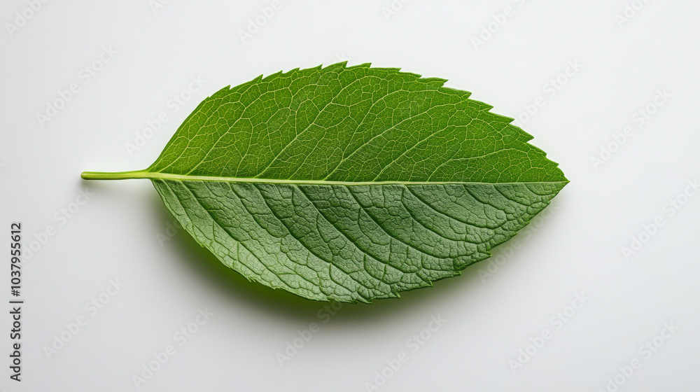 Fototapeta premium A single, vibrant green leaf with visible veins lies on a plain, light background, highlighting its detailed texture and natural beauty.