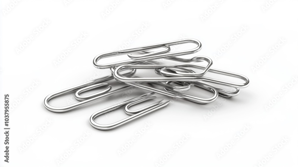 Close-Up of Metallic Paper Clips on White Background Office Supplies Photography. Generative AI Close-Up of Metallic Paper Clips on White Background Office Supplies Photography. Generative AI