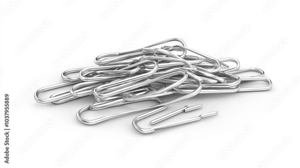 A pile of silver paper clips on a white background a classic symbol of office supplies and organization.. Generative AI A pile of silver paper clips on a white background a classic symbol of office supplies and organization.. Generative AI