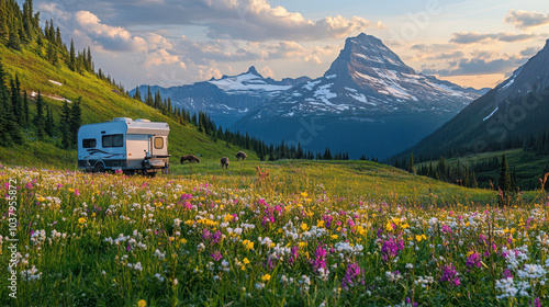 Off-Road Truck Camper in Glacier National Park: Wildflower Meadows, Snow-Capped Peaks, and Mountain Goats at Golden Hour – Professional Landscape Photography. photo