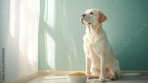 A Labrador Retriever patiently sits by a bowl of kibble in a sunlit room with soft teal walls. photo