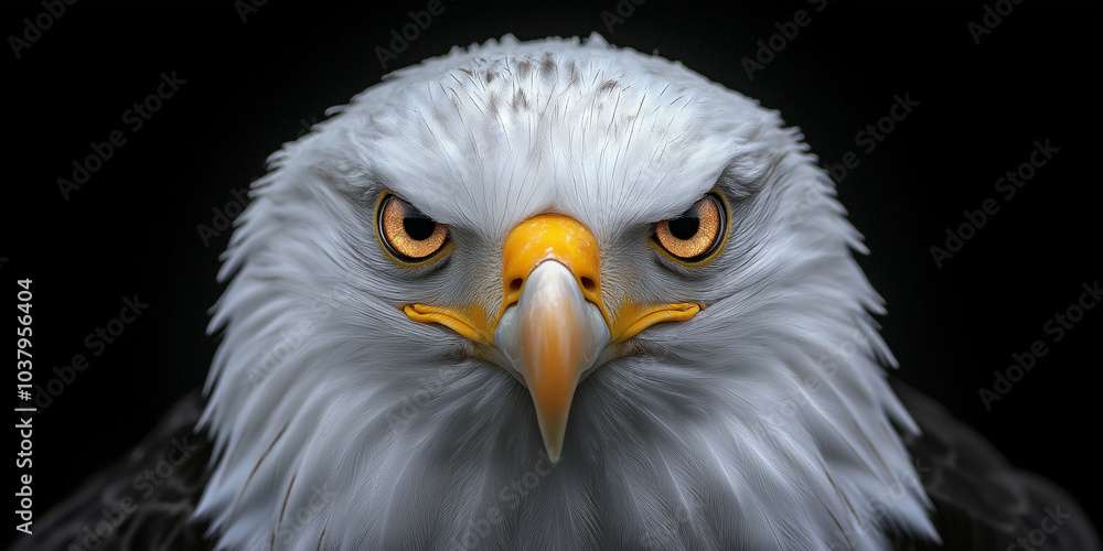 Majestic bald eagle staring intensely with piercing eyes on black background Majestic bald eagle staring intensely with piercing eyes on black background