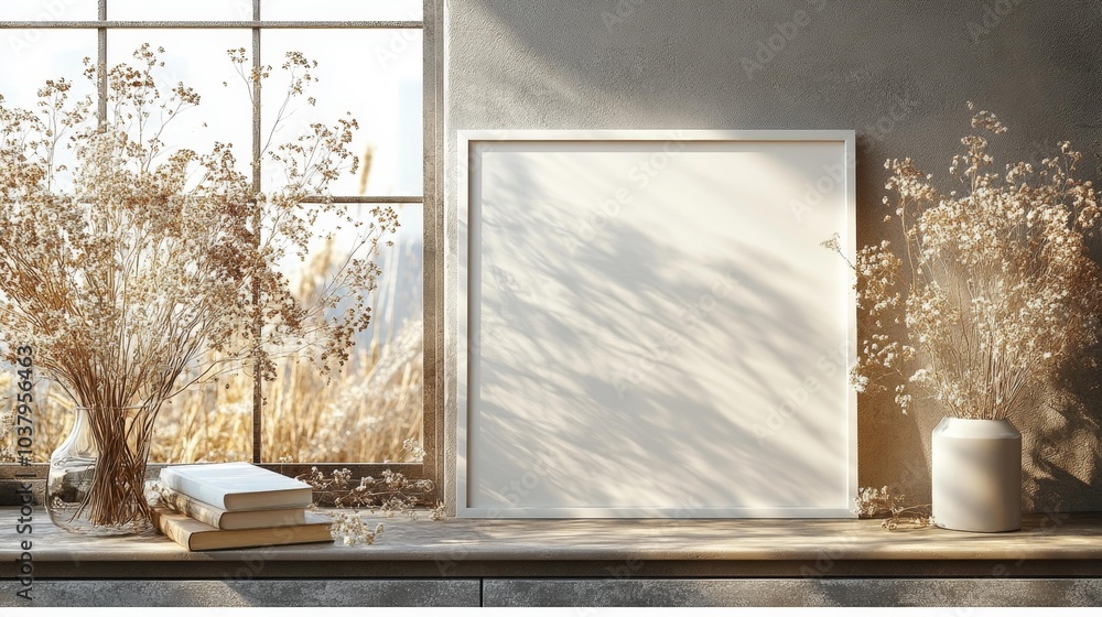 Modern Minimalist Poster Frame Mockup with Dried Flowers and Books in a Sunlit Room. Generative AI Modern Minimalist Poster Frame Mockup with Dried Flowers and Books in a Sunlit Room. Generative AI