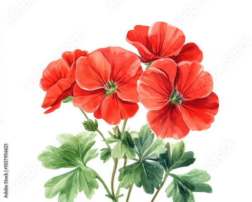 Beautiful watercolor illustration of vibrant red geranium flowers with lush green leaves, perfect for decor or nature-themed projects. photo