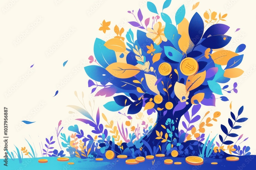 Vibrant Abstract Tree with Coins and Foliage in Blue and Gold Vibrant Abstract Tree with Coins and Foliage in Blue and Gold