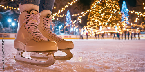 Woman wearing ice skates standing on an ice rink at night