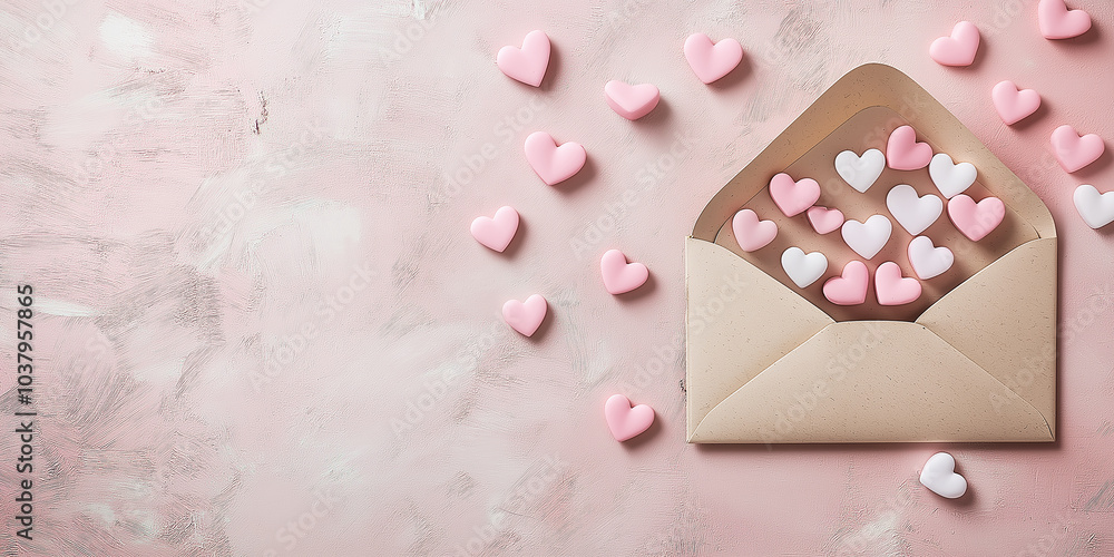 Envelope pouring out pink and white hearts on pink background Envelope pouring out pink and white hearts on pink background