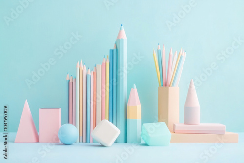 Colorful pencils and erasers on blue background.