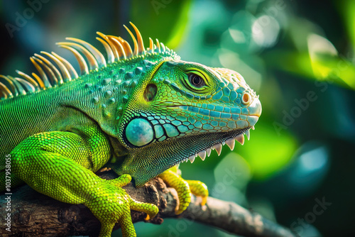 Green iguana perched on branch, amidst lush foliage, basking in sunlight.