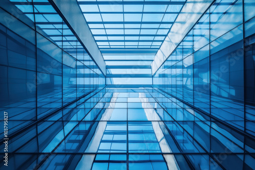 Glass corridor with blue sky view, reflecting light on sleek flooring, plants lining the sides, creating a modern and airy architectural space.