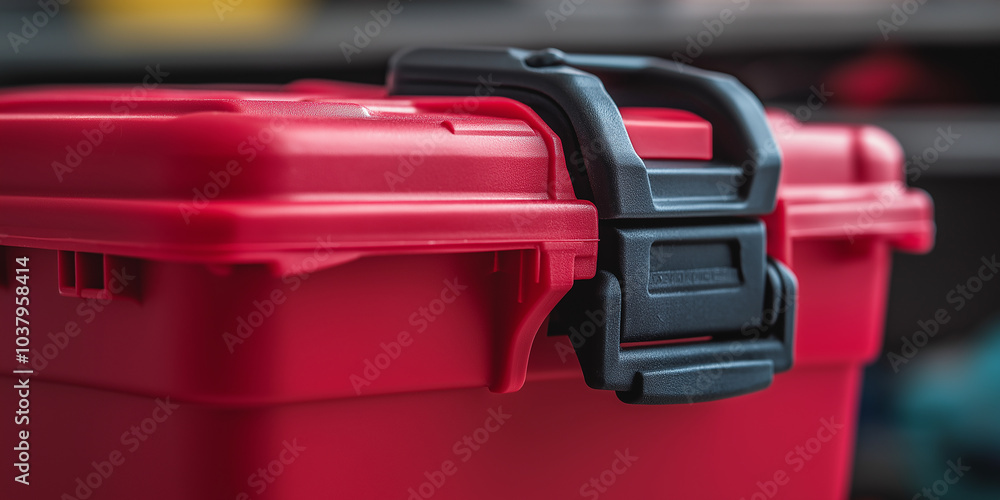 Red plastic toolbox closed with black latches standing on a shelf Red plastic toolbox closed with black latches standing on a shelf