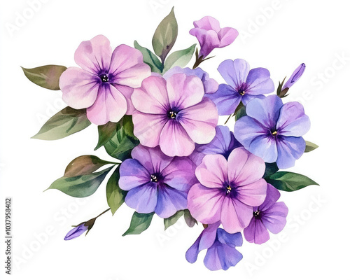 Vibrant watercolor flowers showcasing purple and pink blooms with lush green leaves, perfect for spring-themed designs.