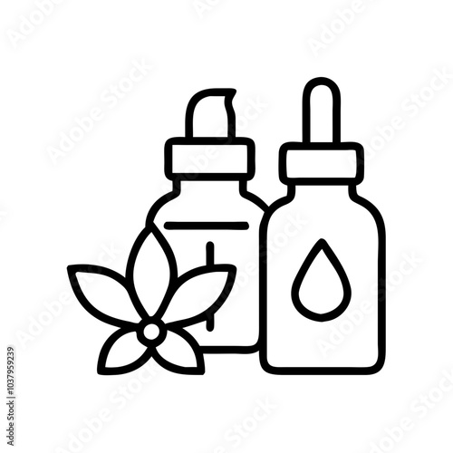 Essential oils icon featuring dropper bottles and a flower for natural wellness, black outline, modern design    