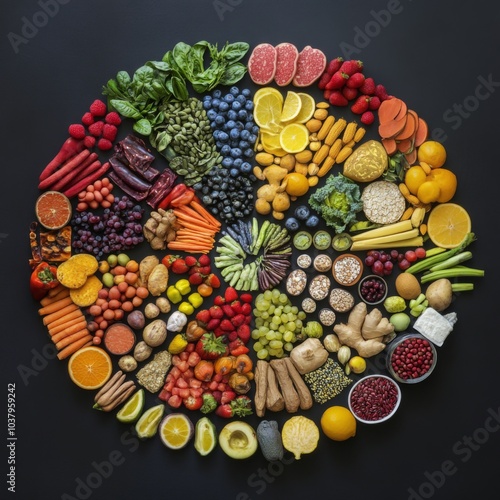 Different healthy foods are arranged in a circle