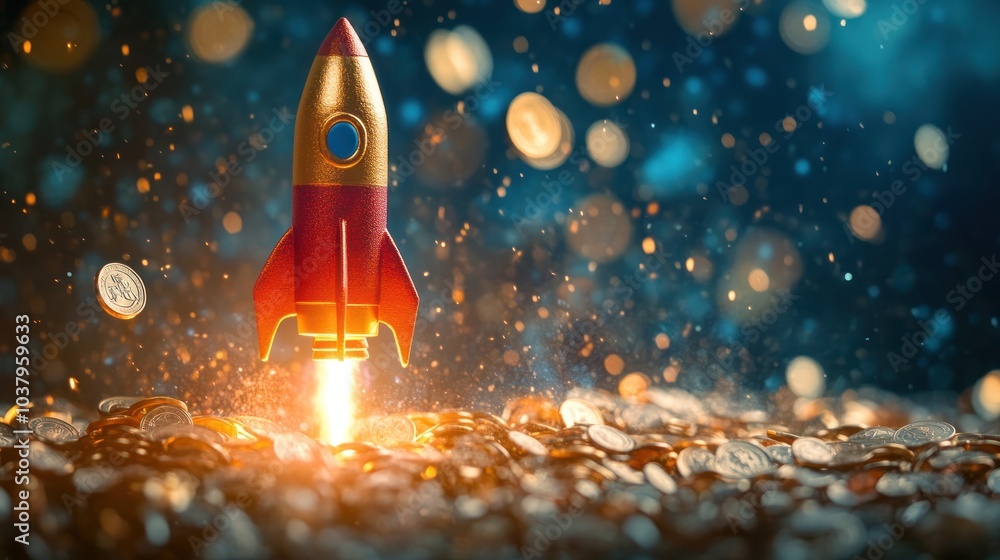 A rocket launching amidst a pile of coins, symbolizing investment and growth. A rocket launching amidst a pile of coins, symbolizing investment and growth.