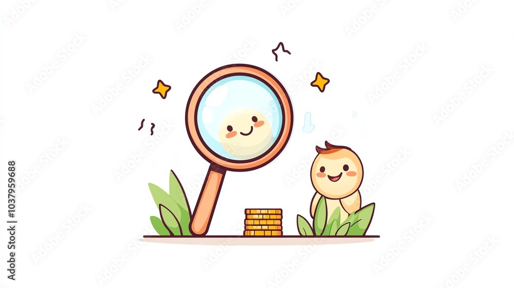 Cute character examining coins with magnifying glass, white isolated background. Cute character examining coins with magnifying glass, white isolated background.