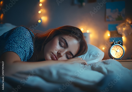 Woman asleep in bed with a clock visible behind her. photo