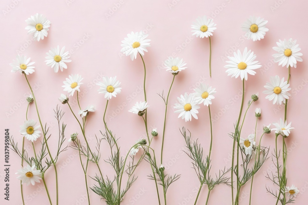 A charming flat lay of white daisy chamomile flowers arranged artistically on a gentle pale pink background A charming flat lay of white daisy chamomile flowers arranged artistically on a gentle pale pink background