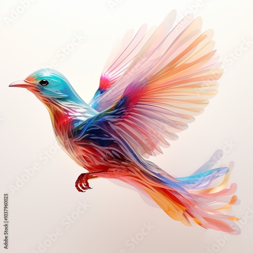 Illustration of a colorful bird made with transparent plastic, minimalistic