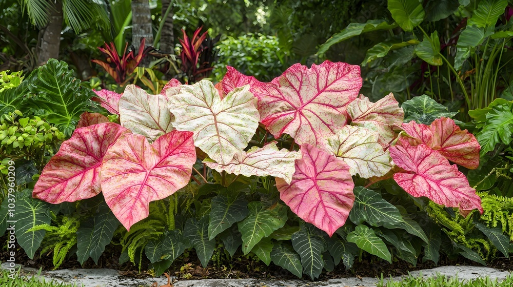 Lush Tropical Caladium Bicolor Leaves with Dewdrops in a Flourishing Garden Lush Tropical Caladium Bicolor Leaves with Dewdrops in a Flourishing Garden