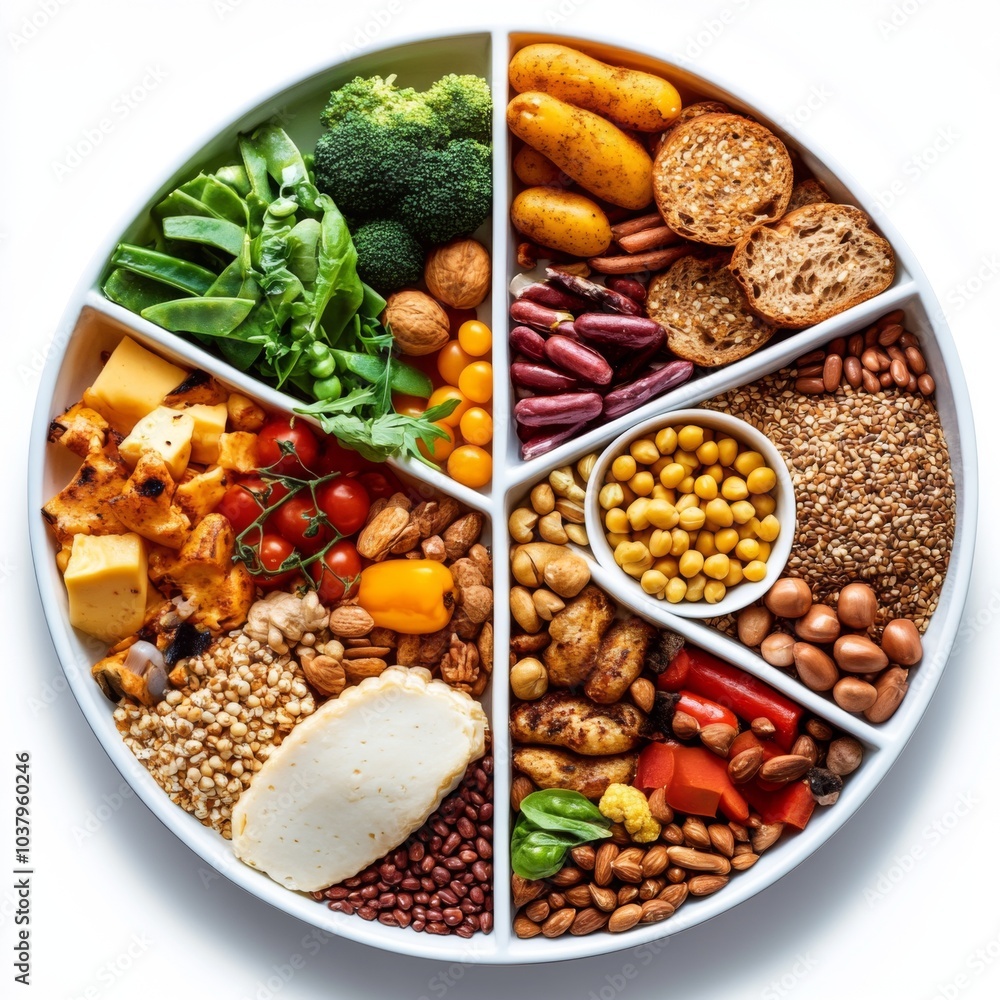 An image of a colorful, neatly divided plate showing different food groups vegetables, grains, proteins, and healthy fats An image of a colorful, neatly divided plate showing different food groups vegetables, grains, proteins, and healthy fats