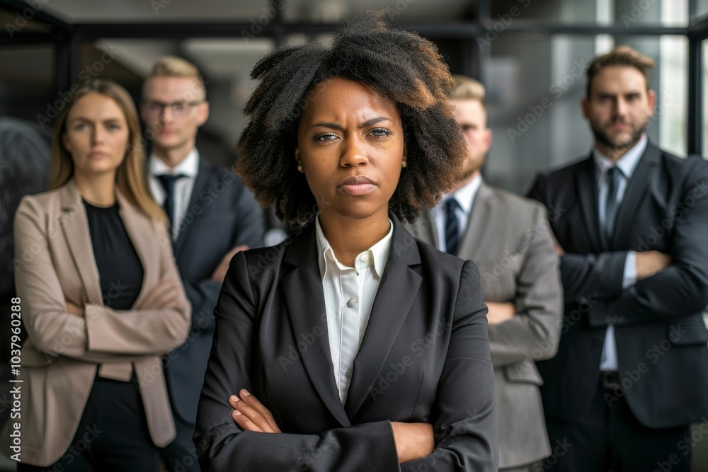 Portrait of serious African American businesswoman with her team in background Portrait of serious African American businesswoman with her team in background