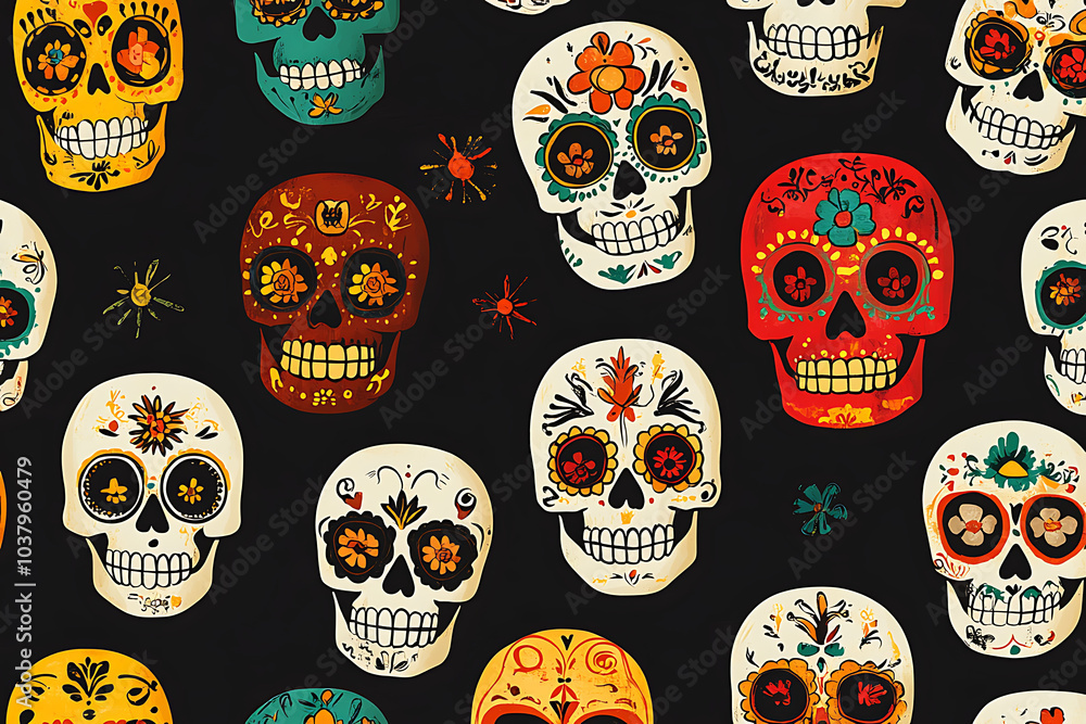 Colorful sugar skull patterns celebrating Day of the Dead with intricate floral designs. Colorful sugar skull patterns celebrating Day of the Dead with intricate floral designs.