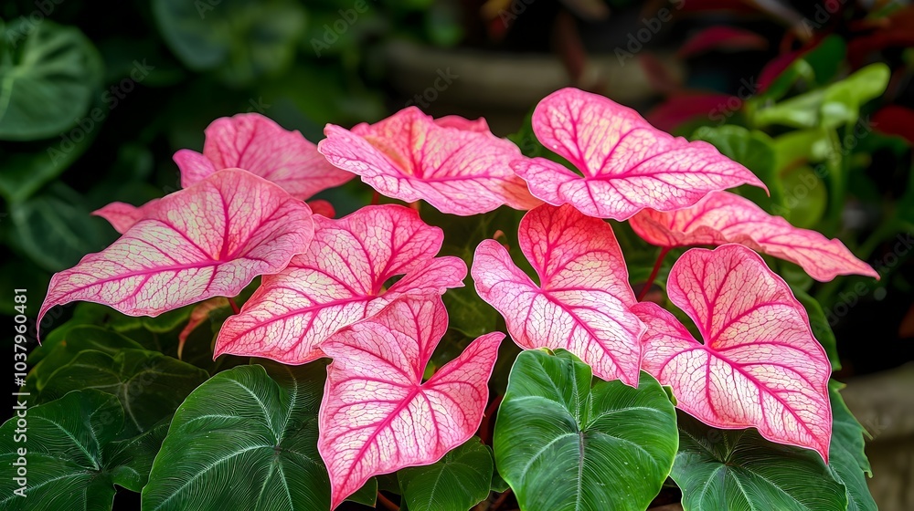 Striking Pink and Green Caladium Bicolor Leaves in a Lush Tropical Setting Striking Pink and Green Caladium Bicolor Leaves in a Lush Tropical Setting