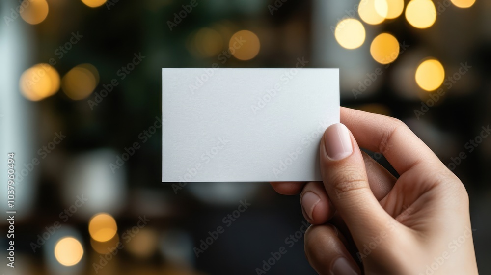 A hand holds a blank card against a softly blurred background of warm lights. A hand holds a blank card against a softly blurred background of warm lights.