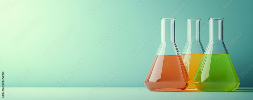 Three laboratory flasks filled with orange, yellow, and green liquids are lined up on a light surface against a gradient turquoise background. Three laboratory flasks filled with orange, yellow, and green liquids are lined up on a light surface against a gradient turquoise background.