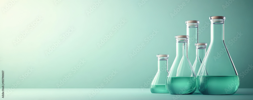A row of glass laboratory flasks with green liquid, arranged in ascending order, against a soft green background, conveying a scientific atmosphere. A row of glass laboratory flasks with green liquid, arranged in ascending order, against a soft green background, conveying a scientific atmosphere.
