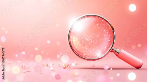 Magnifying glass with pink handle on a shimmering pink background.