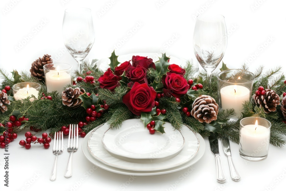 A festive table setting for a Christmas dinner featuring a white tablecloth, elegant dinnerware, flickering candles, and a centerpiece made of pine branches, holly berries, and red roses A festive table setting for a Christmas dinner featuring a white tablecloth, elegant dinnerware, flickering candles, and a centerpiece made of pine branches, holly berries, and red roses